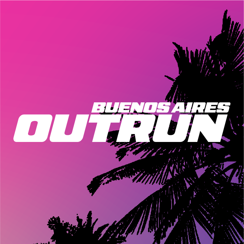 Buenos Aires Outrun: logotipo blanco sobre fondo rosa y violeta con palmeras.